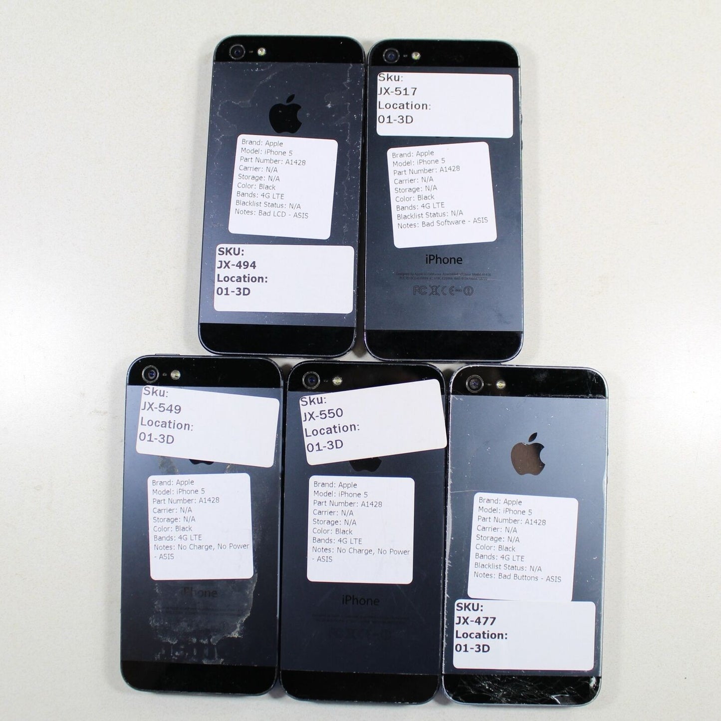 Vintage Apple iPhone 5 A1428 Smartphone 4G LTE Black Lot of 5 For Parts ASIS