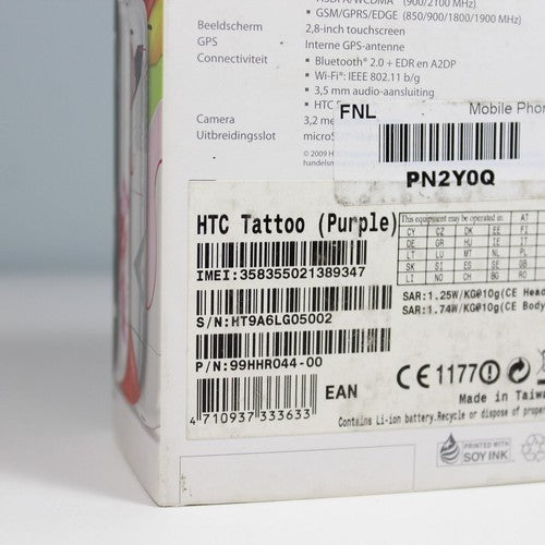 Rare Vintage HTC Tattoo Phone Purple In Box A3288 Vodafone 2009 International