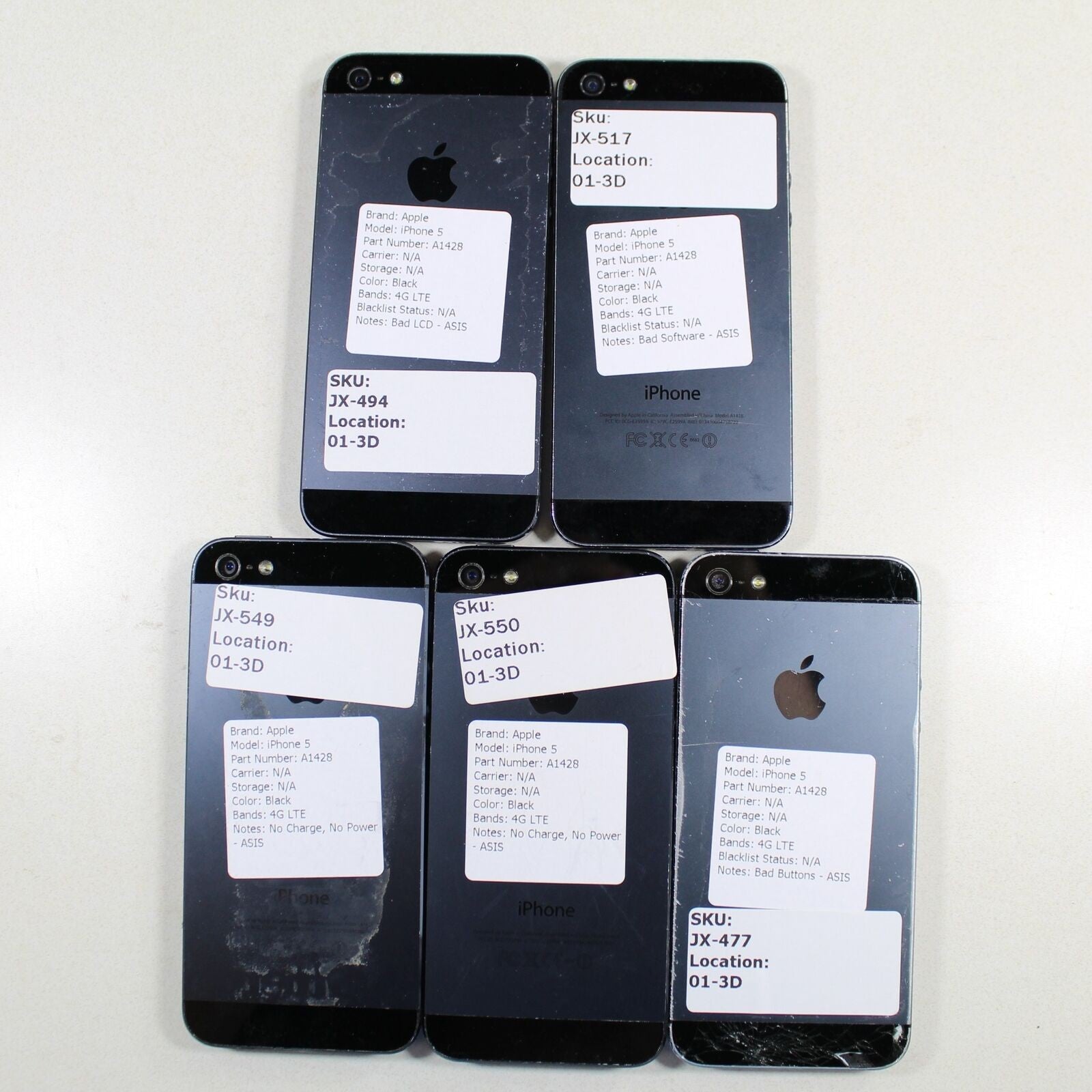 Vintage Apple iPhone 5 A1428 Smartphone 4G LTE Black Lot of 5 For Parts ASIS