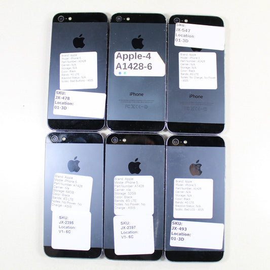 Vintage Apple iPhone 5 A1428 Smartphone 4G LTE Black Lot of 6 For Parts ASIS