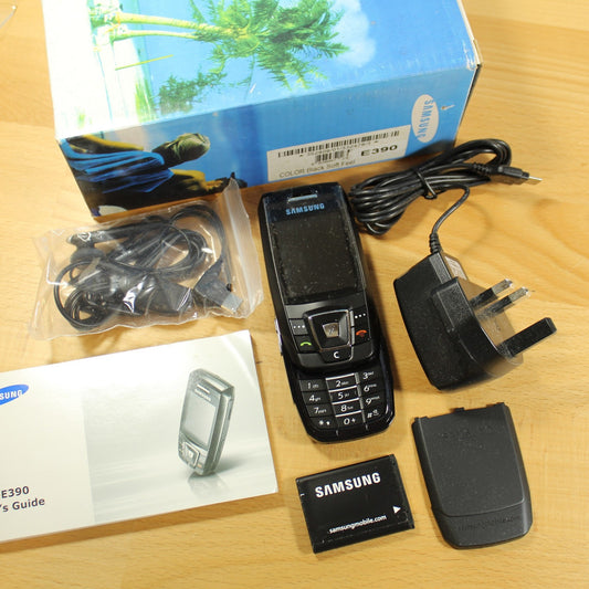 Rare Vintage Samsung SGH-E390 Slider Phone Black In Box Bundle Collectible