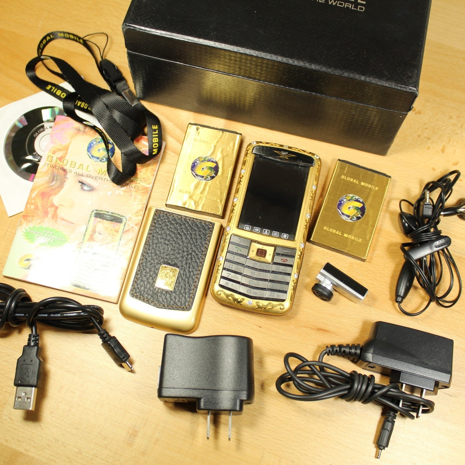 Rare Vintage Global Mobile G100 Unlocked Phone Gold In Box Collectible Bundle