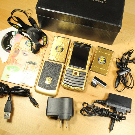 Rare Vintage Global Mobile G100 Unlocked Phone Gold In Box Collectible Bundle